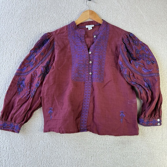 Sundance Christiane Embroidered Blouse PM Burgundy Purple Boho Ramie Top $138 - Picture 8 of 14